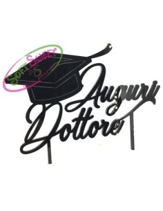 CAKE TOPPER IN PLEXIGLASS A SPECCHIO LAUREA AUGURI DOTTORE NERO LUCIDO 15X12H