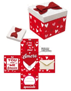 SCATOLA BIGLIETTO POP UP CON COPERCHIO GLITTER ROSSA 11X11 CM